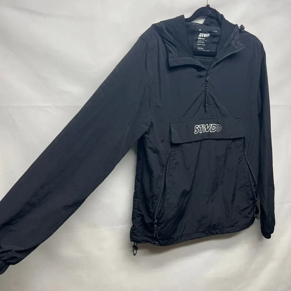Pull&Bear Men's Black Windbraker Size XS Hooded 1/4 Zip Long Sleeves